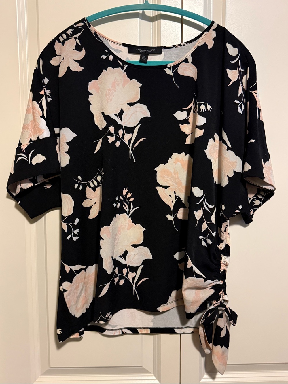 Marc New York Black Tee with Pale Pink Floral Side Tie